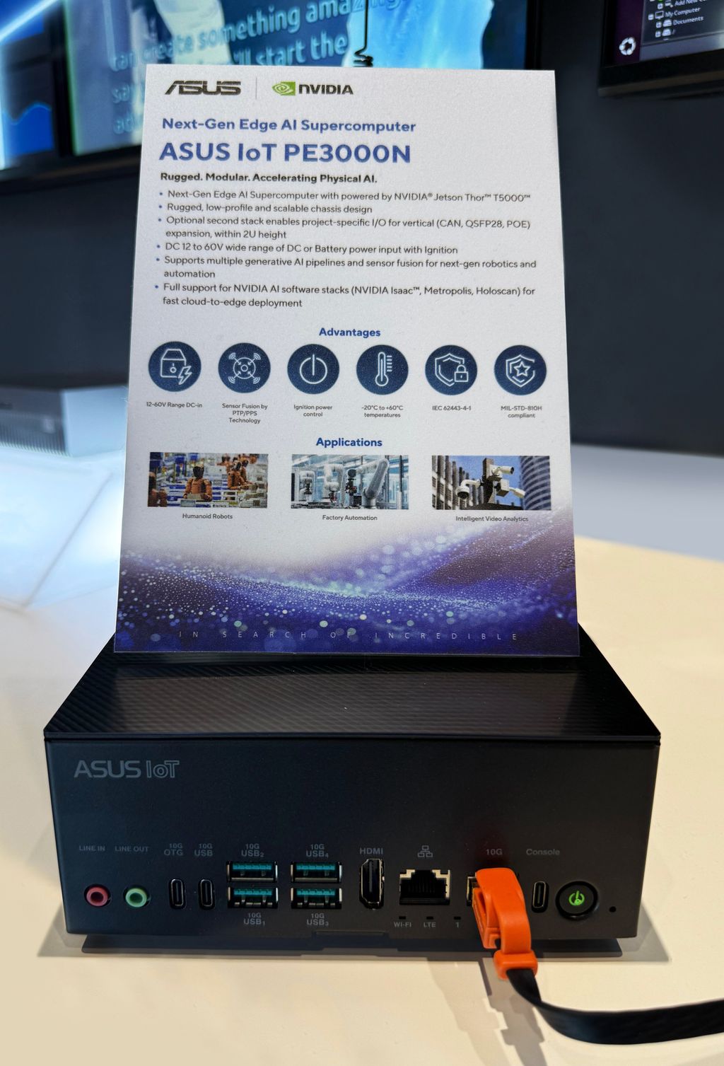 ASUS PE3000N is edge AI computer powered by NVIDIA Jetson Thor™ for real-time AI inference in robotics, autonomous vehicles, and intelligent video analytics